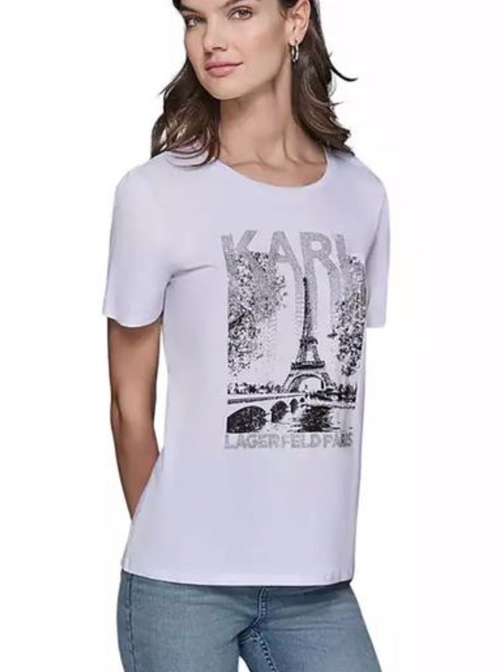 Karl Lagerfeld white S.S Graphic Tee/  Karl Lagerfeld name covered in BLING.